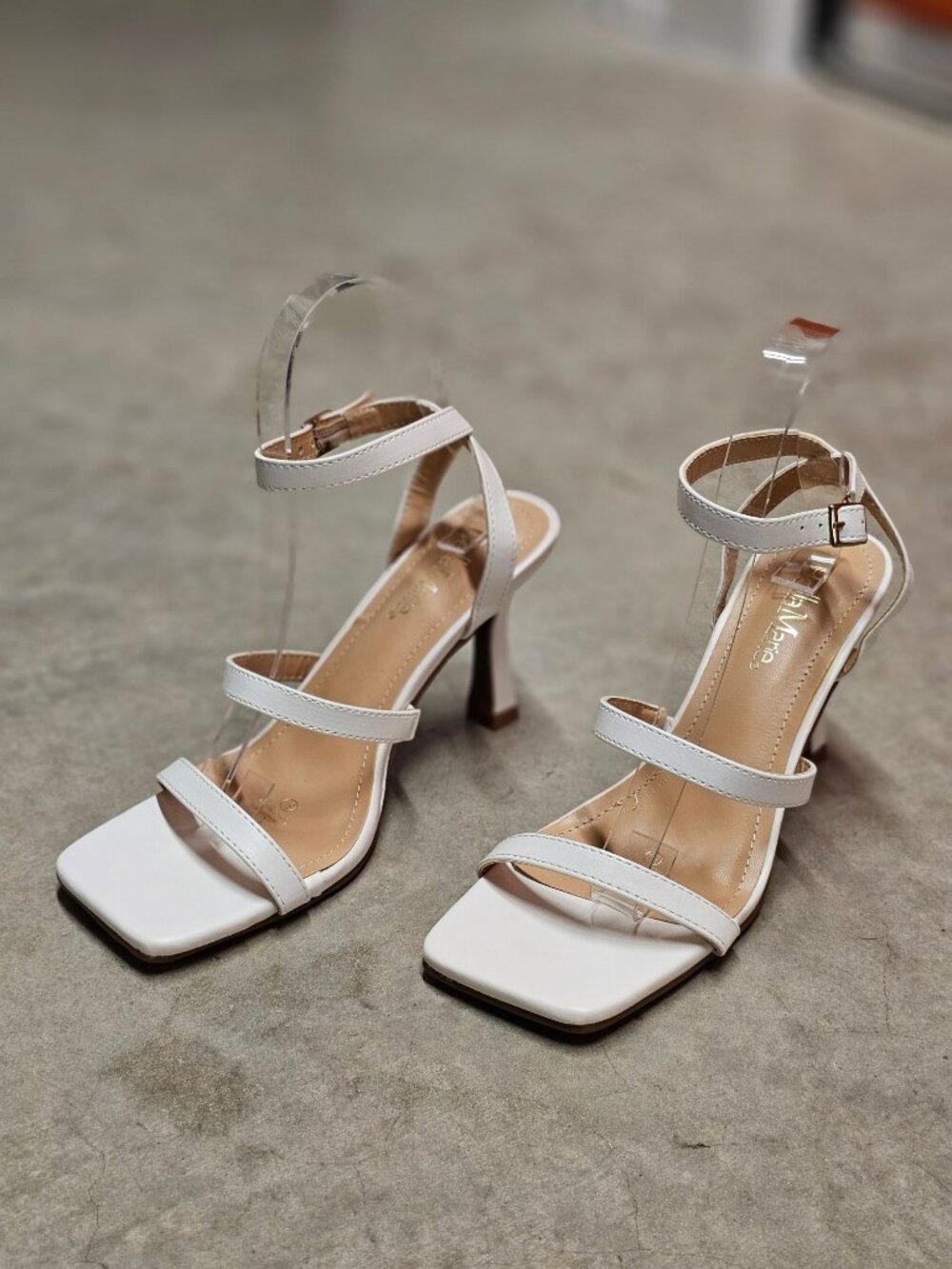 Strappy White High Heel Sandals With Square Toe & Adjustable Buckle Strap - Bell - Picture 13 of 14